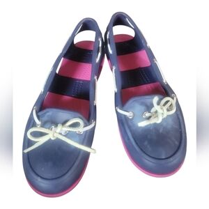 Crocs Women's Beach Line Navy Blue Pink Comfort Loafers Boat Shoes Sz W 8